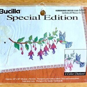 Bucilla Special Hummingbird/Fuchsia Dresser Scarf 64695 Stamped Cross Stitch Kit